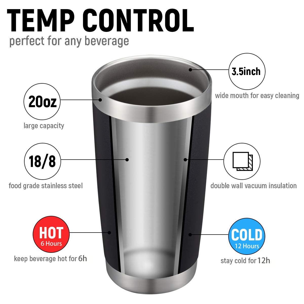 COMOOO 20oz/8Pack Black Tumbler Double Wall Vacuum Insulated Coffee Travel Mug Stainless Steel Tumbler with Lid and Straw Coffee Cup for Cold Drinks & Hot Beverage, Home and Outdoor (Black, 8 Pack)