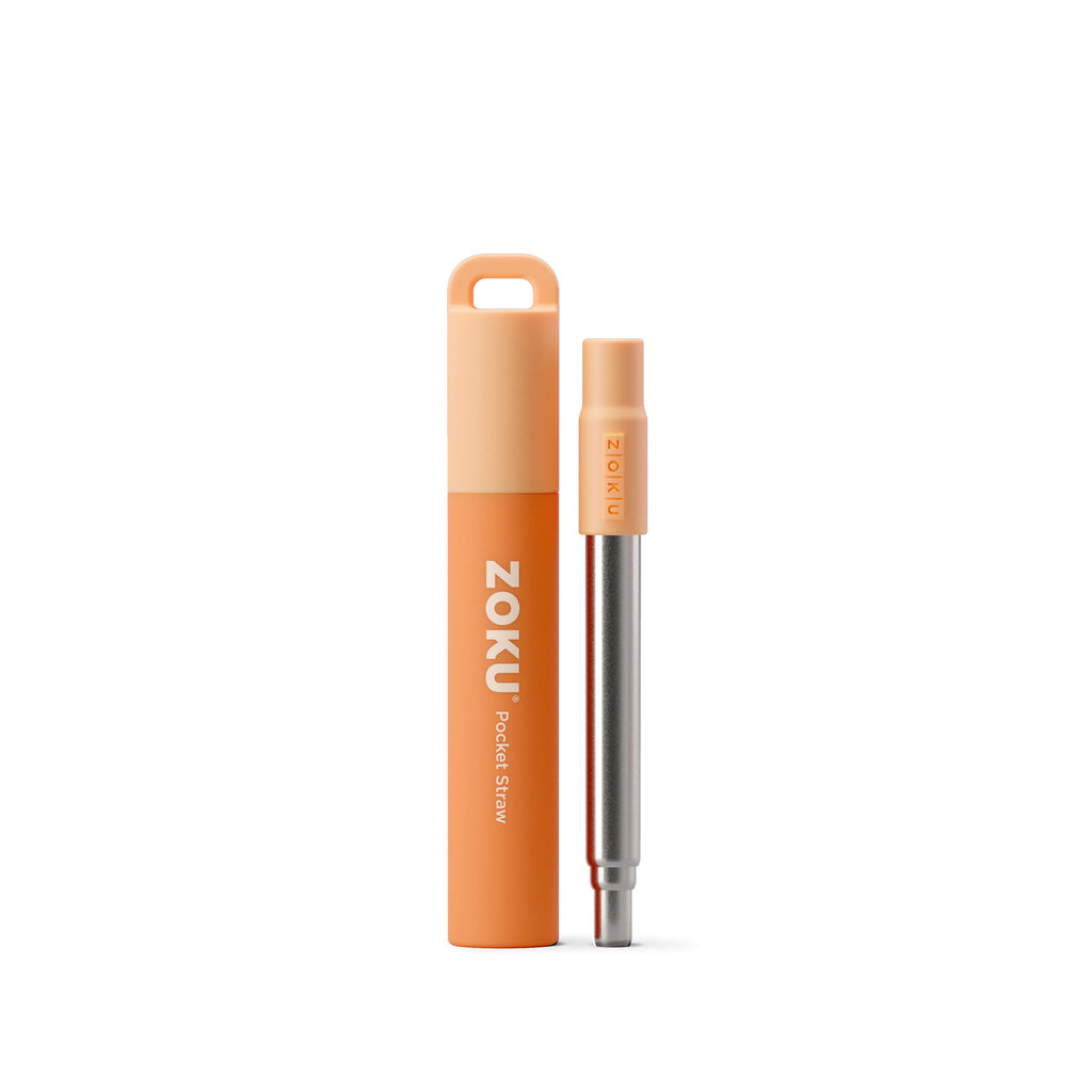 Zoku Reusable Metal Straw with Case, Collapsible Travel Straw - Orange