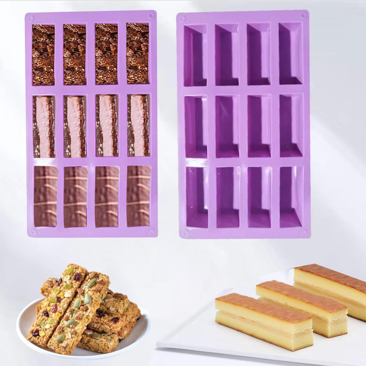 HLCM 2Pcs oat bar mold - 12rectangle silicone molds - Chocolate silicone mold for baking candies/energy bars, cheesecake, dried fruit cereal cookies (2, purple)