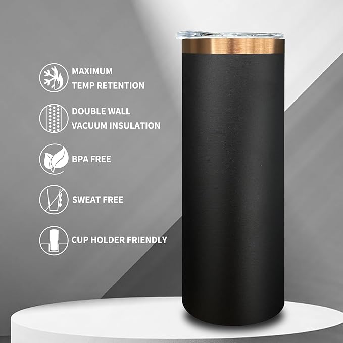 20 oz Skinny Tumblers Bulk 4 Pack, Stainless Steel Insulated Tumbler with Lids and Straws, Slim Double Wall Powder Coated Travel Coffee Mugs Reusable Cup for Hot Cold Drinks (Black,4 pack)