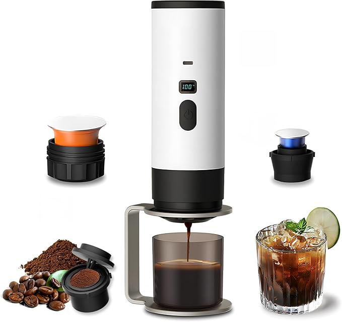 3-in-1 Portable Coffee Maker, Espresso Machine, Self-Heating Travel Coffee Maker Compatible with NS, DG Pods & Ground Coffee, Small Mini Espresso Machine for Car Camping, Hiking With Stand (white)