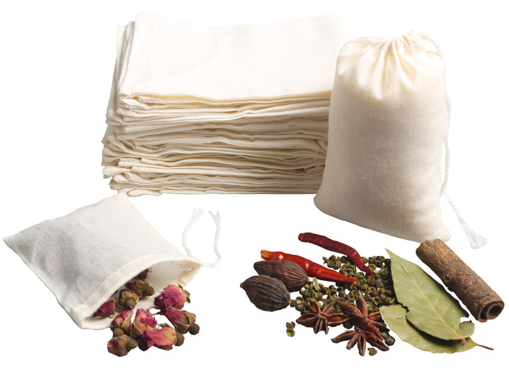 Eketirry Spice Bags, 20pcs Reusable Empty Tea Bags, Muslin Strainer Bags, Soup Bags for Cooking, Natural Cotton Fine Mesh Cheesecloth Bags for Cold Brew Coffee(2 x3" &3 x4")