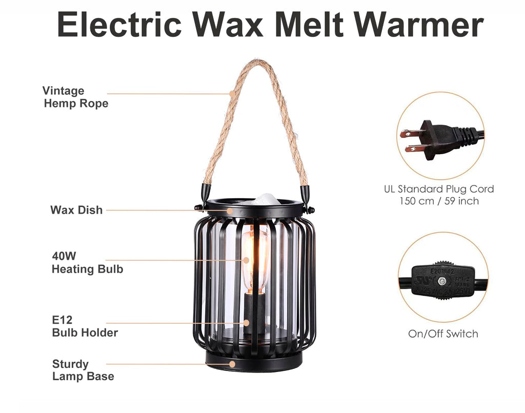 ORJG Electric Wax Warmer,Metal Wax Warmer,Rustic Candle Wax Burner for Aromatherapy Wax, Oil Burner,Fragrance,Home Decoration, Gifts (Lanterns), Black, HLBULB-002