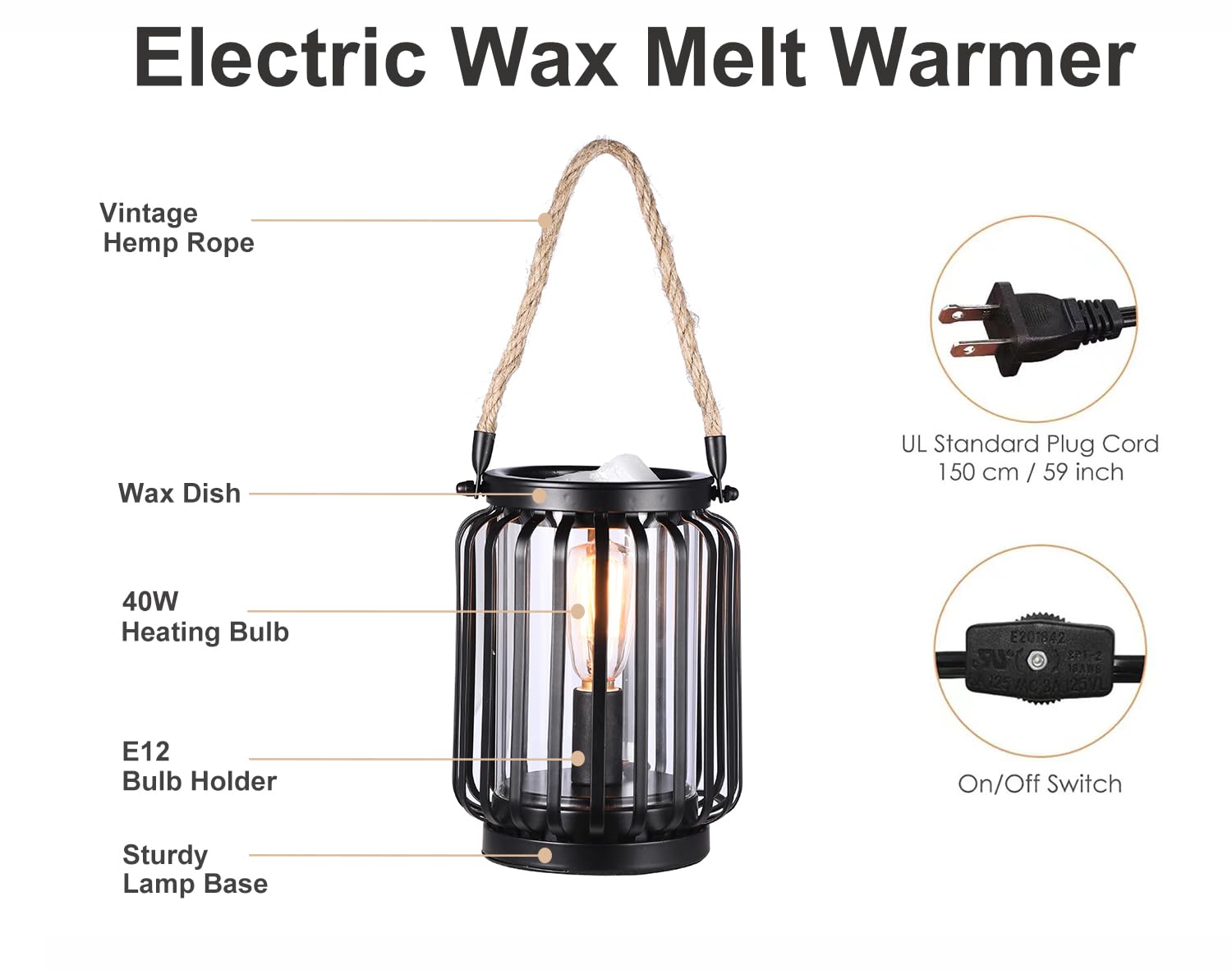 ORJG Electric Wax Warmer,Metal Wax Warmer,Rustic Candle Wax Burner for Aromatherapy Wax, Oil Burner,Fragrance,Home Decoration, Gifts (Lanterns), Black, HLBULB-002