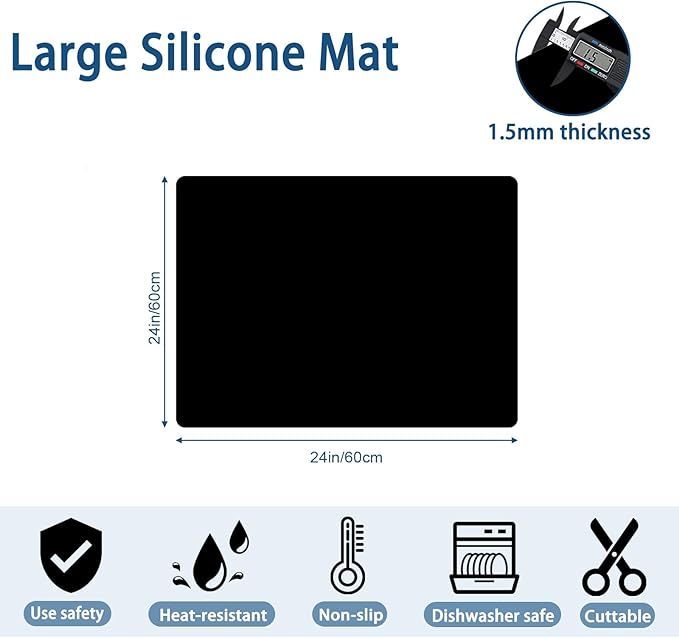 24"x24"(60cmx60cm) Silicone Mat for Kitchen Counter, Heat Resistant Non-Slip Countertop Protector, Waterproof Silicone Craft Mat for Kitchen Island, Dark Gray
