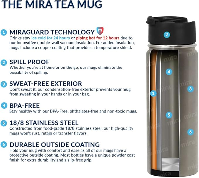 MIRA 18 oz Tea Infuser Thermos - Stainless Steel Travel Bottle with Removable Strainer for Loose Leaf Tea - Insulated Hot & Cold Brew Steeper - Punch Pink