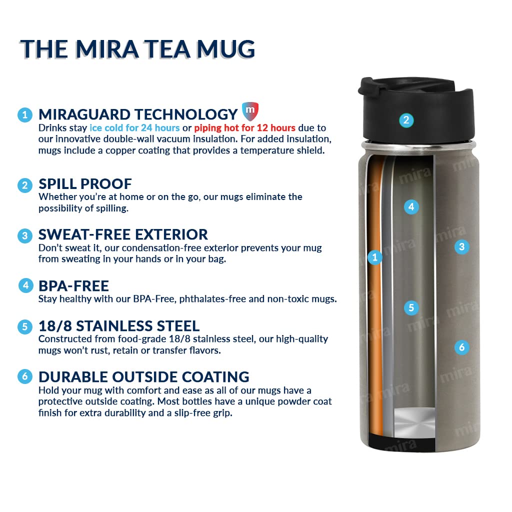 MIRA 18 oz Tea Infuser Thermo - Stainless Steel Travel Bottle with Removable Strainer for Loose Leaf Tea - Insulated Hot & Cold Brew Steeper - White