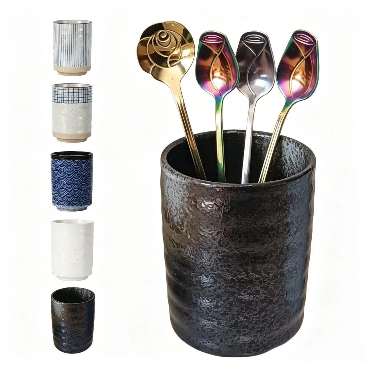 TOPYOKK Stoneware Coffee Bar Utensil Holder Tea & Coffee Spoon & Stirrer Holder for Stir Stick Straw Teaspoon Holder Espresso Spoon Cup Small Utensil Jar (Snow night)
