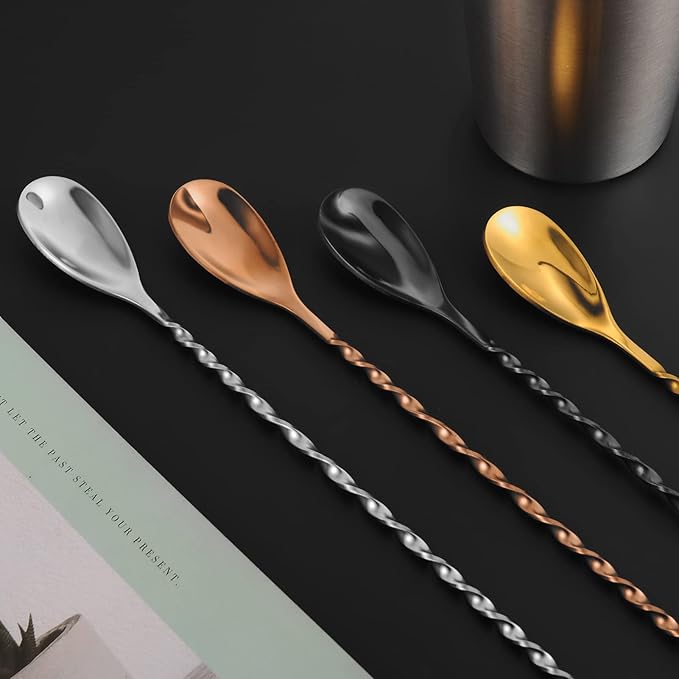 AnSaw Gold 10-Inch Stainless Steel Cocktail Spoon with Leaf Handle - Perfect for Mixing & Layering Drinks in Tall Cups, Bar & Shakers - Durable Long Handle Bar Stirrer,1-Pieces