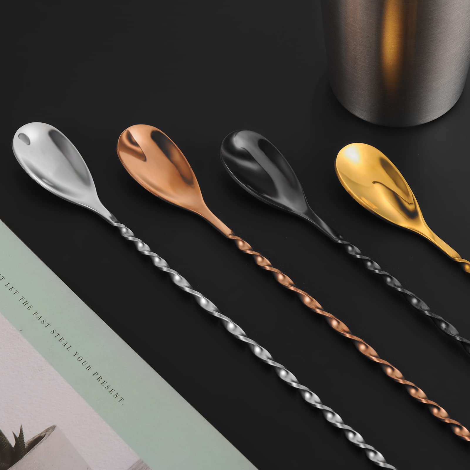 AnSaw Silver 10-Inch Stainless Steel Cocktail Spoon with Leaf Handle