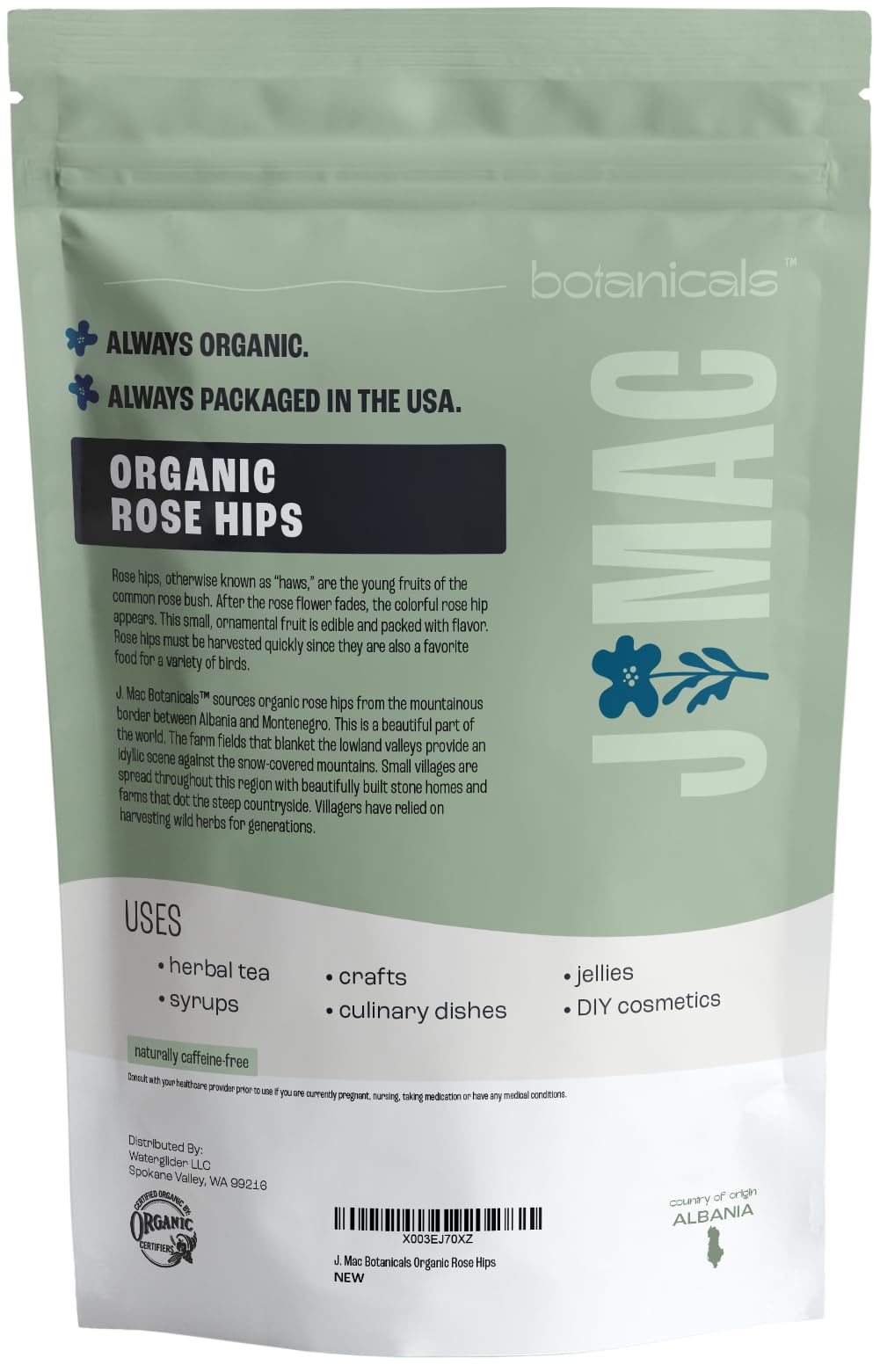 J MAC BOTANICALS Organic Rose Hips (1 lb Bag) Whole, natural dried rose hips for herbal tea, rosehips, rosehip tea, packaged in the USA