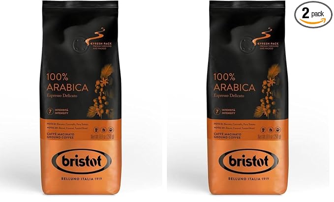 Bristot 100% Arabica Ground Coffee – Italian Espresso Delicato – Medium Roast – Ground Coffee for Moka Pot, French Press & Pour Over – 8.8oz (250g) (Pack of 2)