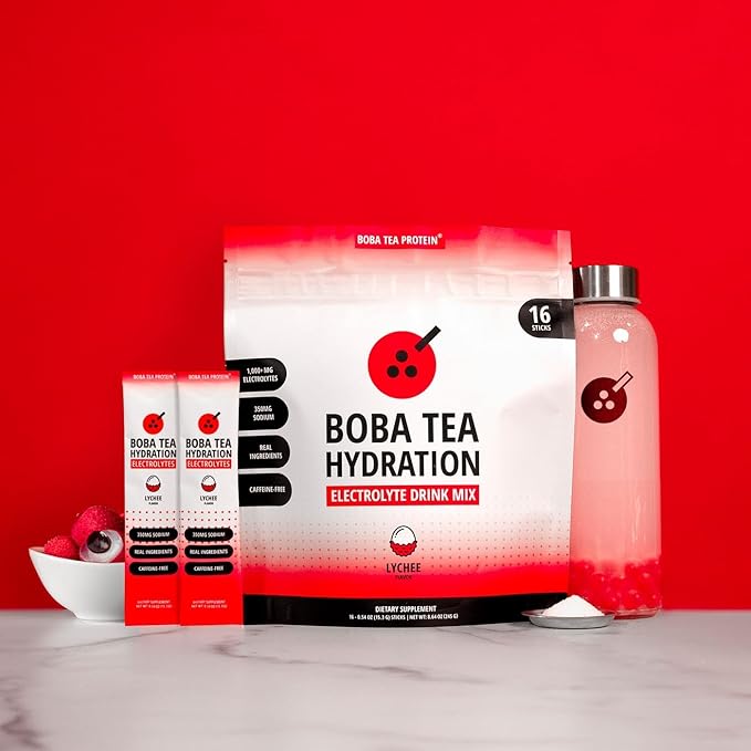 Boba Tea Hydration | Electrolyte Powder Drink Mix | Lychee | 1000mg Electrolytes, Vitamin C | 16 Stick Packets