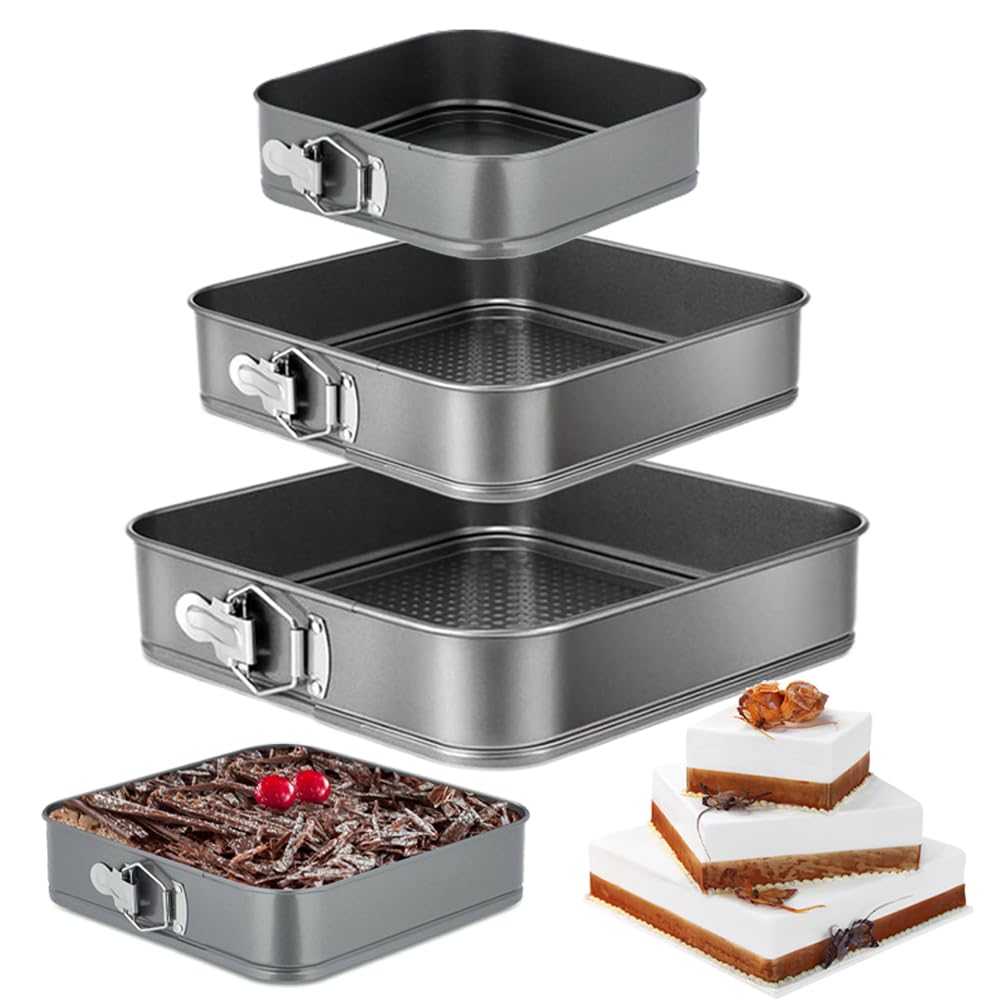 GZMAISULEE Springform Cake Pan Set of 3 (4, 7, 9 Inch) Square Leakproof Nonstick Cheesecake Pans with Removable Bottom Carbon Steel Bakeware