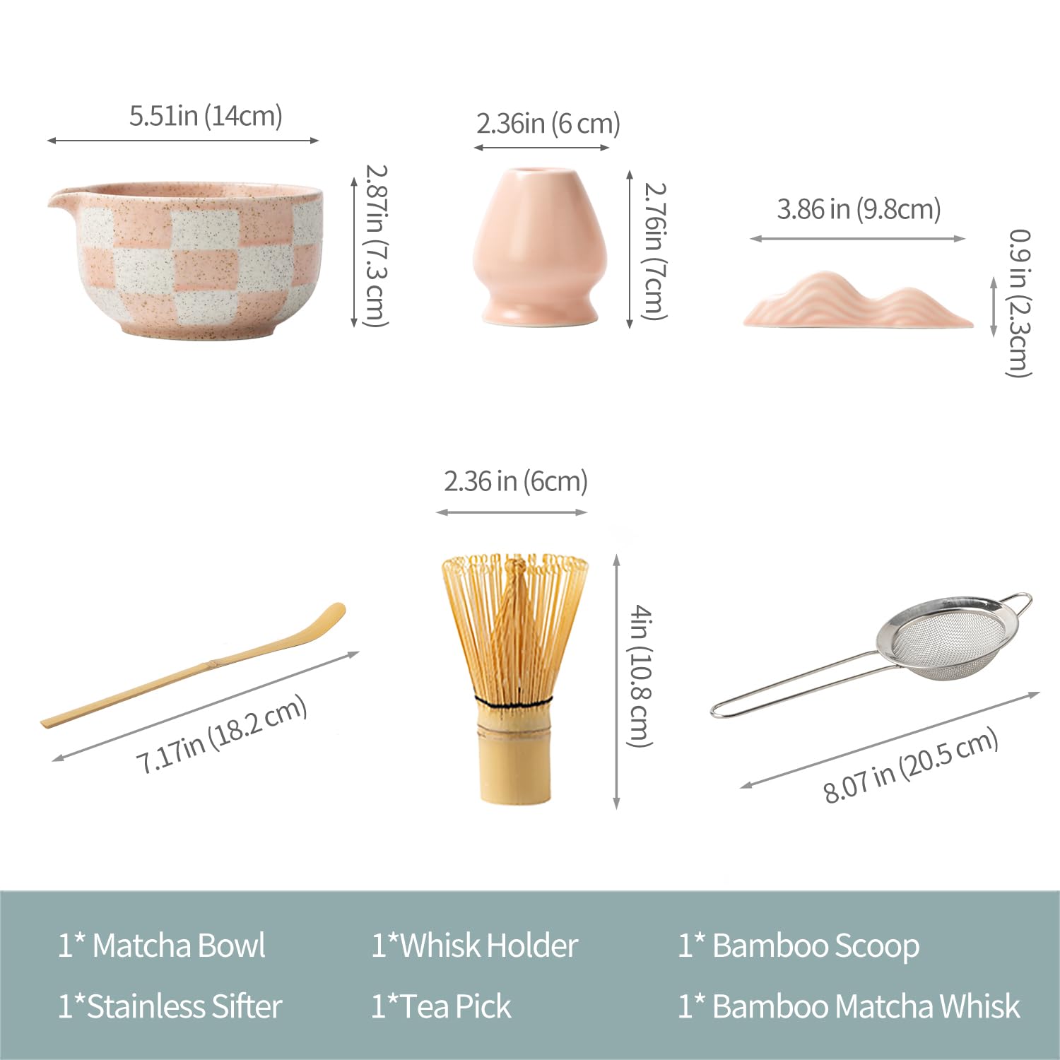Premium 7-Piece Matcha Tea Set – Traditional Japanese Style with Elegant Grid Pattern, Includes Bamboo Whisk, Ceramic Bowl, Scoop & More – Perfect for Matcha Lovers & Tea Ceremony (Pink grid)