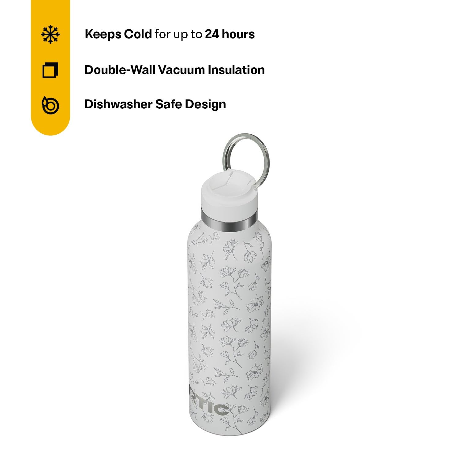 RTIC 20oz Journey Water Bottle Ceramic Lined Metal Stainless Steel Vacuum Insulated, BPA Free, Reusable, for Water, Hot and Cold Drinks, Travel, Sports, Camping, White Magnolias