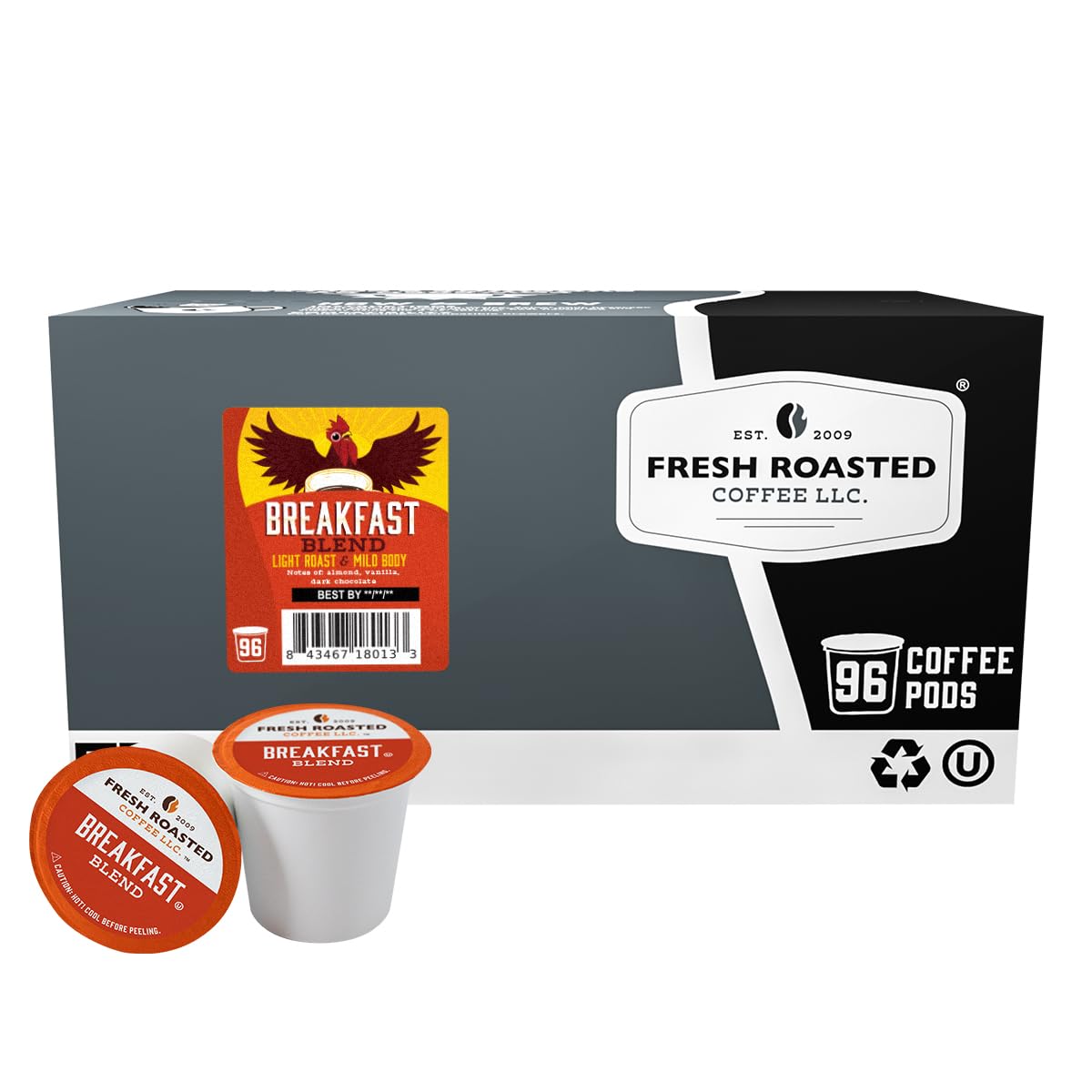 Fresh Roasted Coffee, Breakfast Blend Flavored K-Cup Pods for Keurig Brewers, Light Roast, Kosher, 96 Count Loose Pack