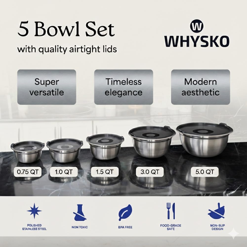 WHYSKO Stainless Steel Mixing Bowls with Lids, 5-Piece Nesting Set