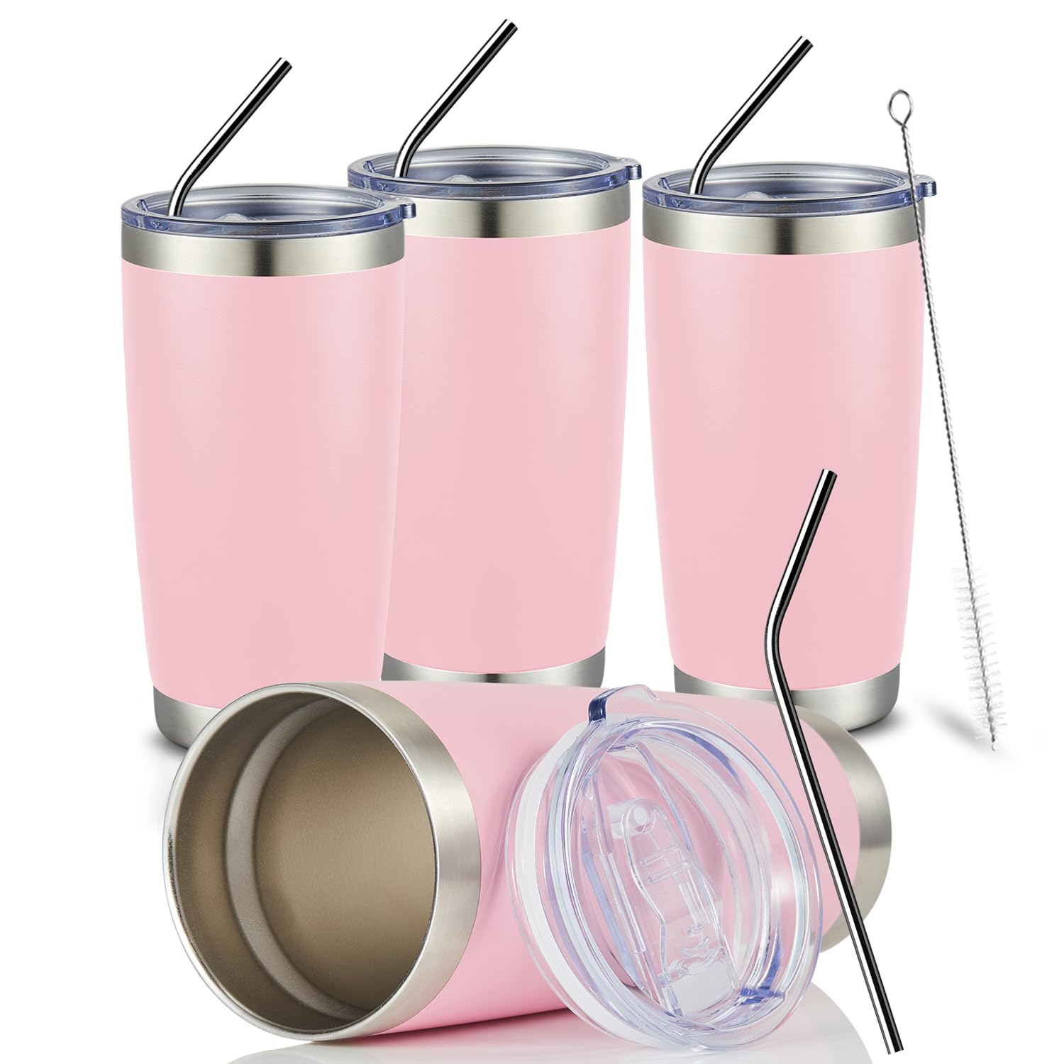 COMOOO 20oz Tumbler Bulk Double Wall Vacuum Insulated Travel Mug, Stainless Steel Tumbler with Lid and Straw Durable Powder Coated Insulated Coffee Cup for Cold & Hot Drinks (pink, 4 pack