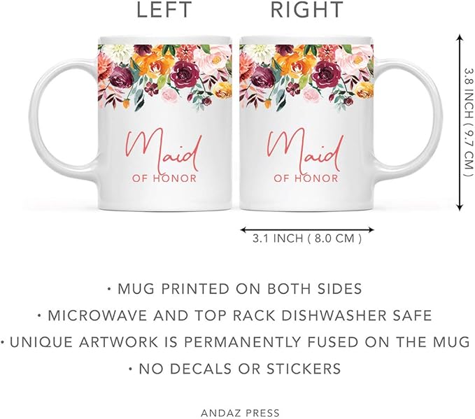 Andaz Press 11oz. Wedding Ceramic Coffee Tea Mug Gift, Fall Autumn Burgundy Orange Peach Flowers Roses Florals, Maid of Honor, 1-Pack, Includes Gift Box