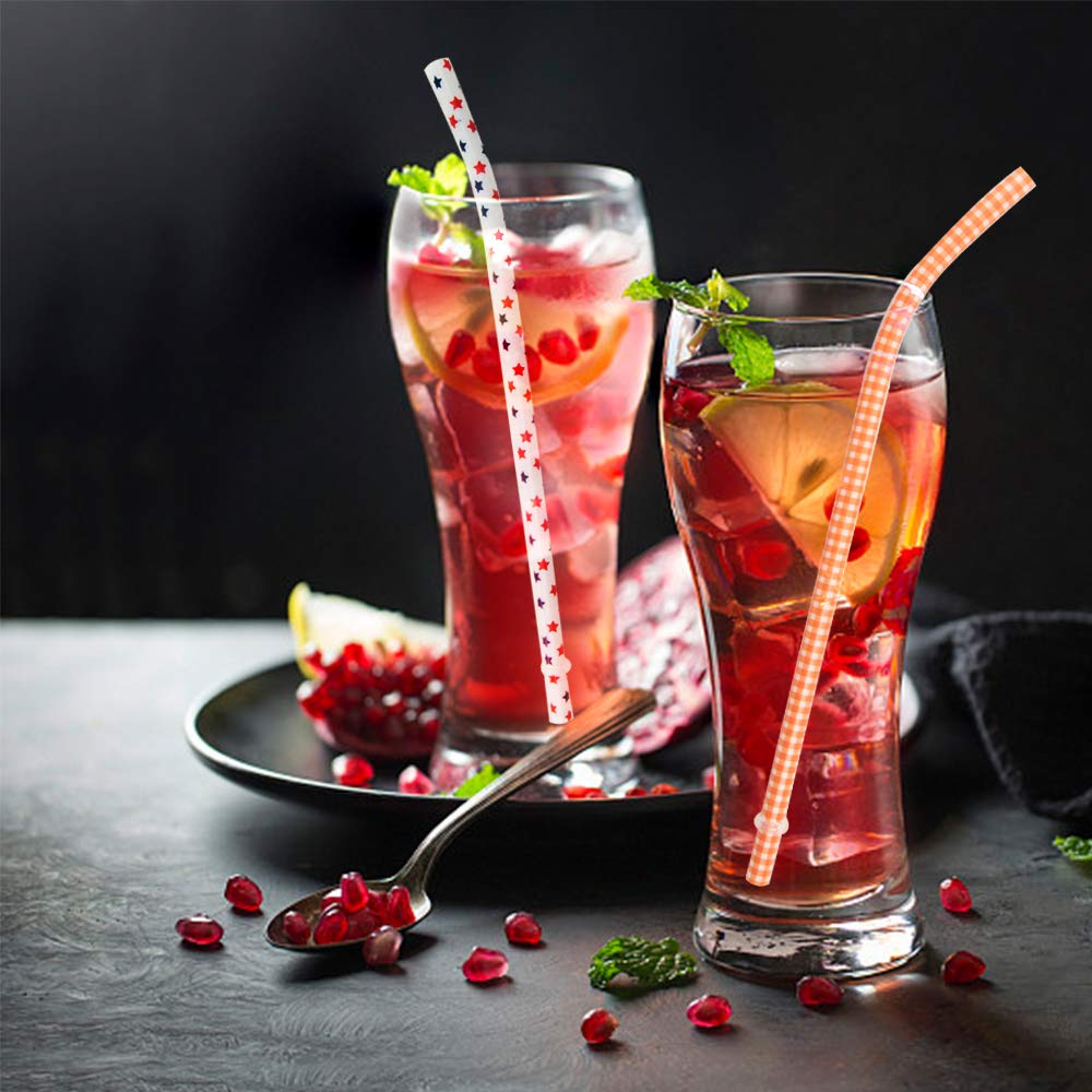 SUBANG 50 Pack Bent Reusable Straws, BPA-Free, 9" Colorful Hard Plastic Stripe Drinking Straw for Mason Jar Tumbler, Family or Party Use With Cleaning Brush