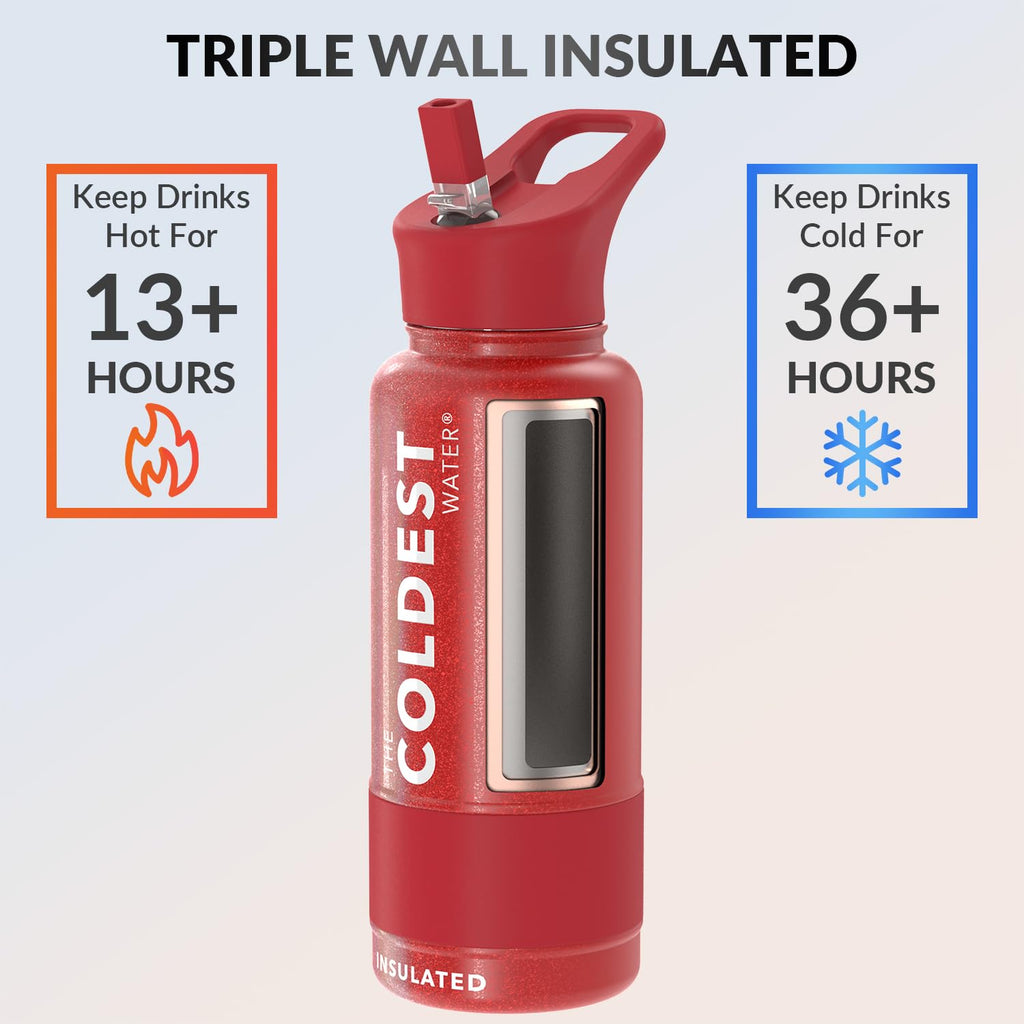 Coldest Insulated Water Bottle with Straw Lid - Stainless Steel Metal Insulated Bottle for Men & Women (Mars Red Glitter, 32 oz)