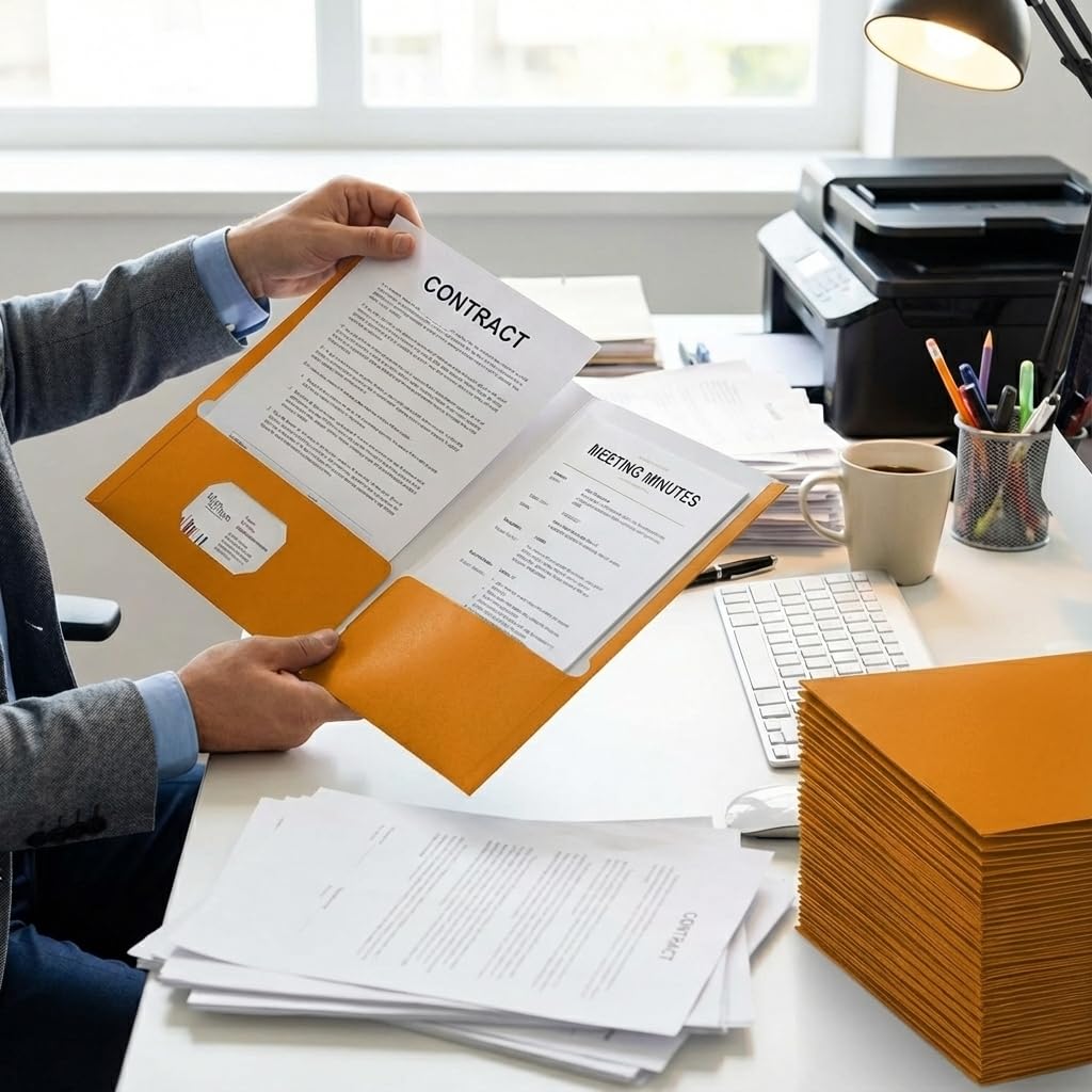 Zzrywuty File folders with Pockets,Orange Two folders for documents,25 Pack Paper Folders with Card Slot,Letter Size,School Students,Business,Home and Office Workers