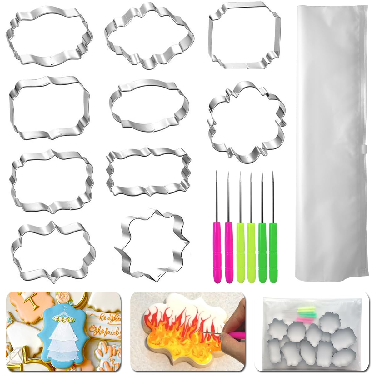 Kanehosi Frame Cookie Cutters 10 Shapes with 6 Cookie Scribes & 1 Storage Bag, Plaque Fondant Dough Cutters Baking Tools Kitchen Accessories for Home Daily Holiday Party