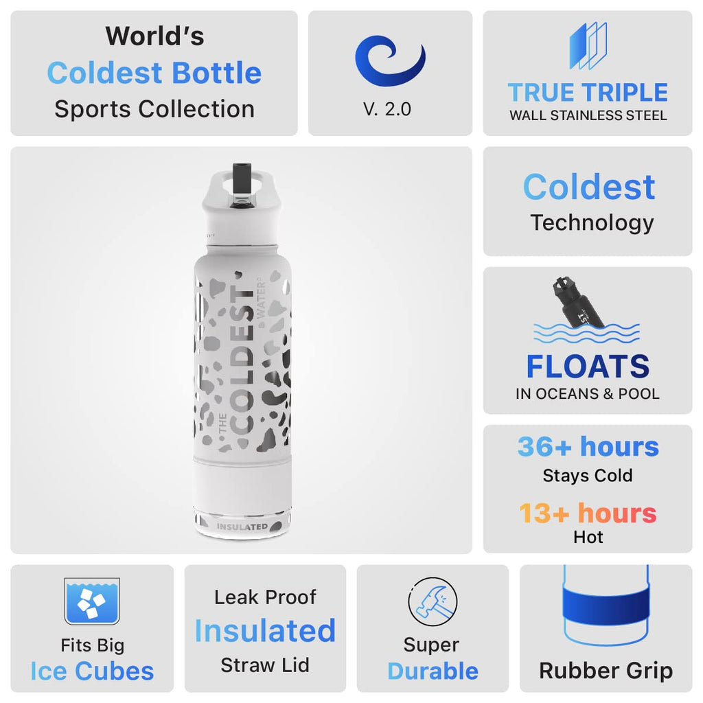 Coldest Insulated Water Bottle with Straw Lid - Stainless Steel Metal Insulated Bottle for Men & Women (Silver Leopard, 40 oz)