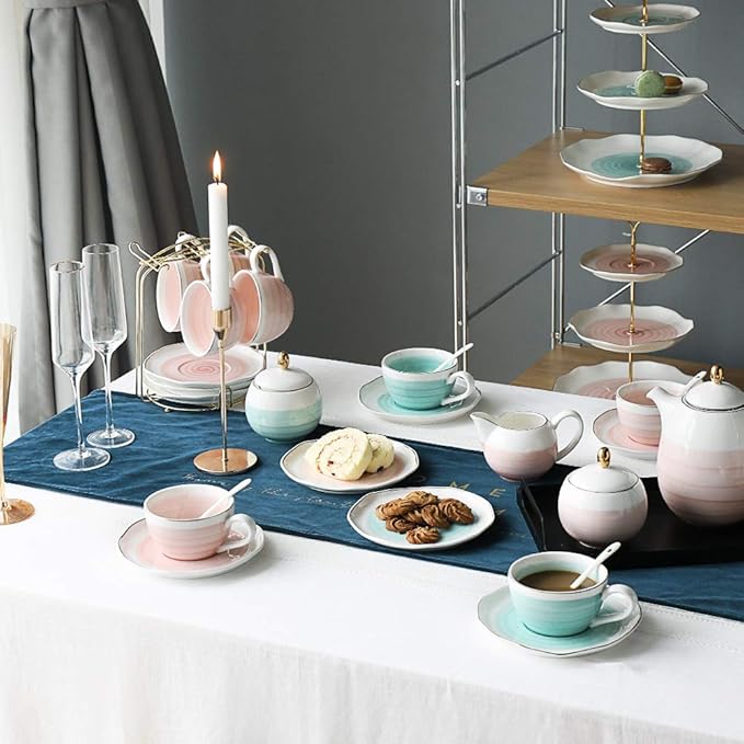 Sweejar 3 Tier Ceramic Cake Stand,Dessert Stand,Cupcake Stand,Tea Party Pastry Serving Platter,Food Display Stand for Tea/Coffee/Birthday/Wedding/Women/Afternoon/Gift - Pink