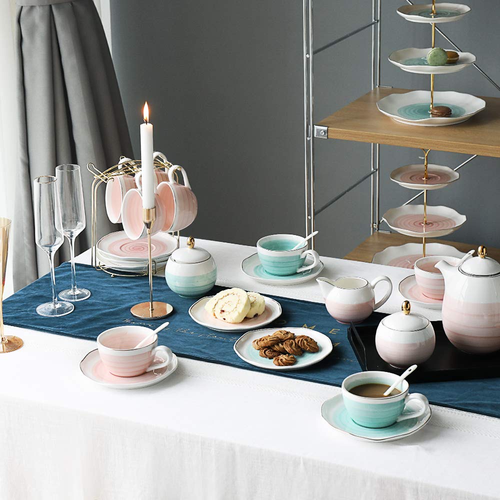 Sweejar Porcelain Tea Sets, 8 OZ Cups & Saucer Service for 4, Teapot Sugar Bowl Cream Pitcher Teaspoons and Tea Strainer for Adult Tea Coffee Afternoon Party (Pink)