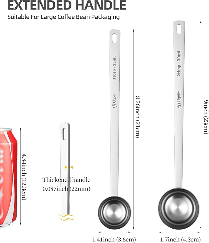 304 Stainless Steel Coffee Scoop, Long Handle Measuring Scoop for Ground Coffee, Engraved TBSP/ML, Dishwasher Safe (1 Tbsp & 2 Tbsp)