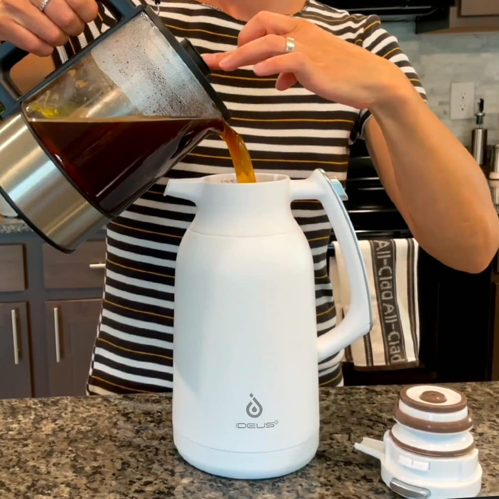 IDEUS Thermal Coffee Carafe, Stainless Steel Double Wall Insulated Vacuum Flask, Water Jug Coffee Server and Beverage Dispenser, Heat and Cold Retention (Metallic, 68, Fluid Ounces)