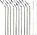 10 Pcs Stainless Steel Straws, Reusable Drinking Straws, Bent Metal Straw Sets with 2 Pcs Cleaning Brushes (Silver, 10.5 Inch)