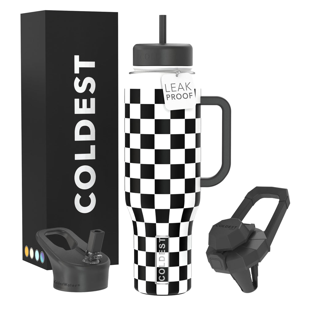 Coldest Tumbler with Handle and Straw, 100% Leak Proof Insulated Tumbler with Lid and Straw (3 Lids), Stainless Steel Tumblers for Women & Men, Cup Holder Friendly, 46 oz (Black Checkers)