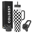 Coldest Tumbler with Handle and Straw, 100% Leak Proof Insulated Tumbler with Lid and Straw (3 Lids), Stainless Steel Tumblers for Women & Men, Cup Holder Friendly, 46 oz (Black Checkers)