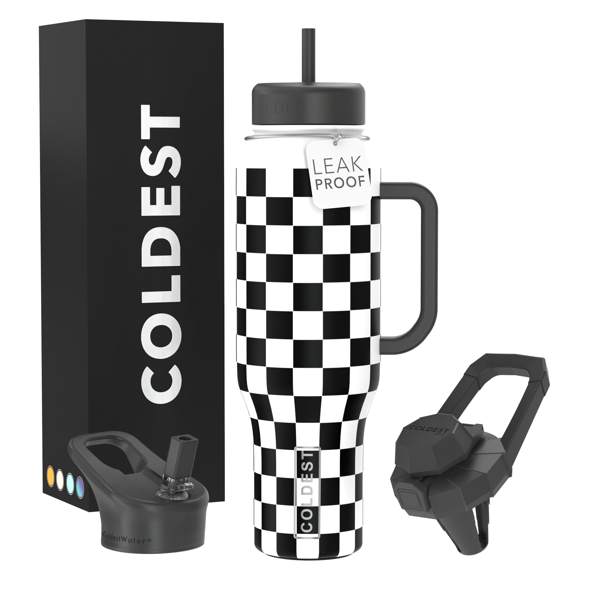 Coldest Tumbler with Handle and Straw, 100% Leak Proof Insulated Tumbler with Lid and Straw (3 Lids), Stainless Steel Tumblers for Women & Men, Cup Holder Friendly, 46 oz (Black Checkers)