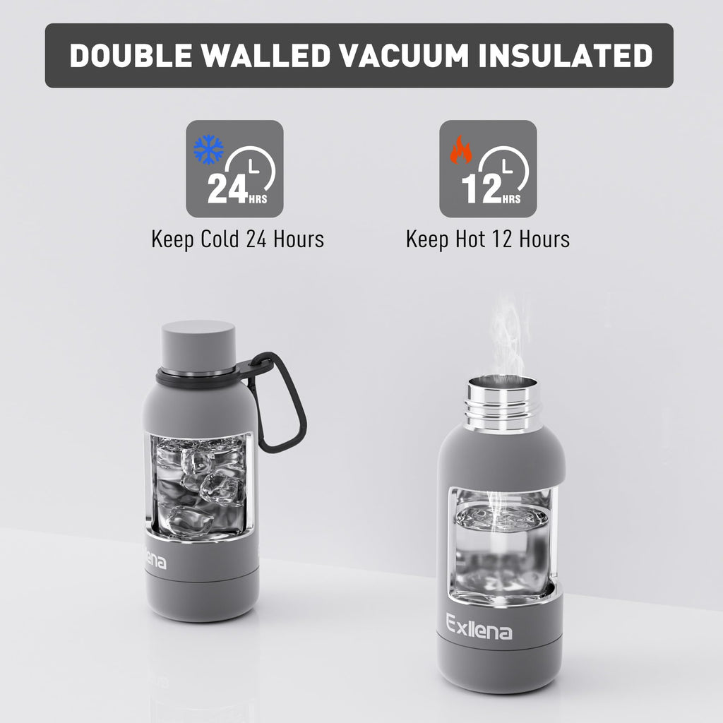 Exllena Small Water Bottle 12oz with Clip, Double Wall Stainless Steel Vacuum Small Insulated Water Bottle Keeps Drinks Cold 24 Hrs/Hot 12 Hrs for Kids Handbag School BPA Free (Grey)