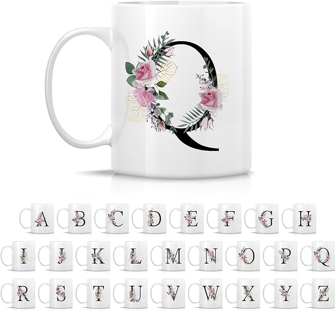 Retreez Initial A-Z Floral Botanical Bouquet Alphabet Monogrammed Monogram Mug 11 Oz Ceramic Tea Coffee Mugs - Appreciation Thank You Wedding Birthday Gifts for her friend coworker sister - Q Initial