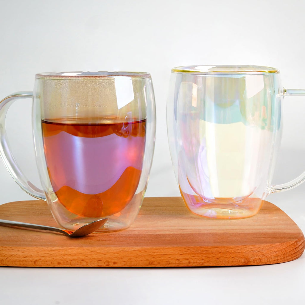 GOROGILE Double Walled Glass Coffee Mugs 12 OZ, Set of 2 Iridescent Glass Cups With Handle Perfect for Espresso, Cappuccino, Latte, Americano, Tea Bag, Beverage
