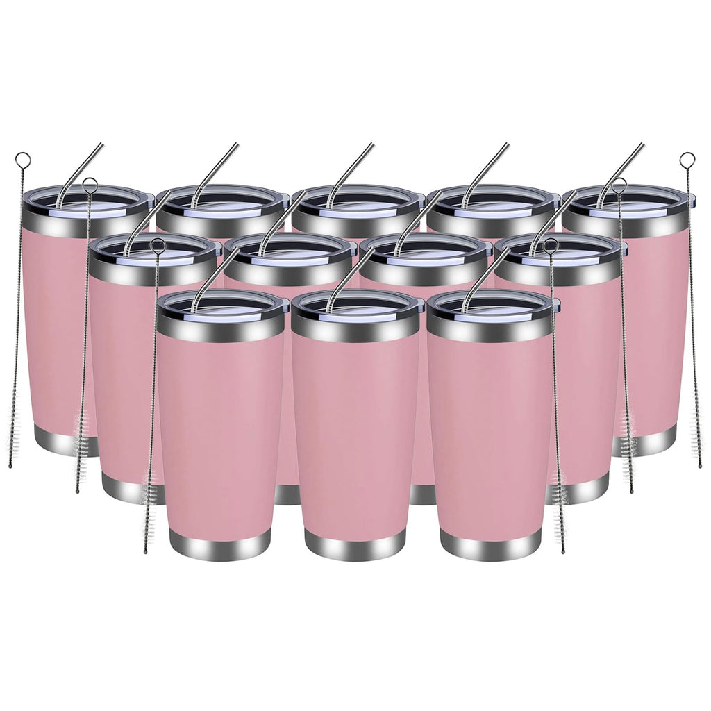 MEWAY 20oz Tumbler 12 Pack Double Wall Vacuum Insulated Travel Mug Bulk, Stainless Steel Tumblers with Lid and Straw, Durable Powder Coated Coffee Cups for Cold & Hot Drinks (Pink, 12)