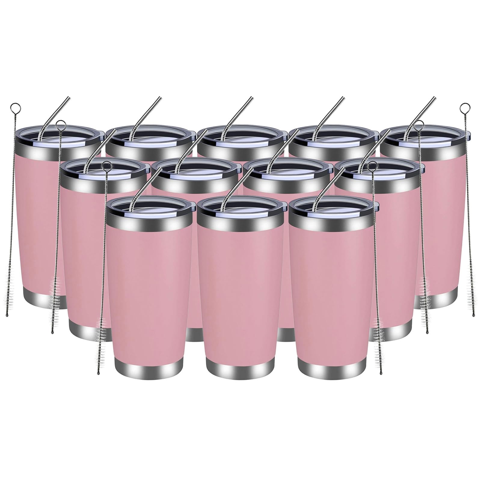 MEWAY 20oz Tumbler 12 Pack Double Wall Vacuum Insulated Travel Mug Bulk, Stainless Steel Tumblers with Lid and Straw, Durable Powder Coated Coffee Cups for Cold & Hot Drinks (Pink, 12)