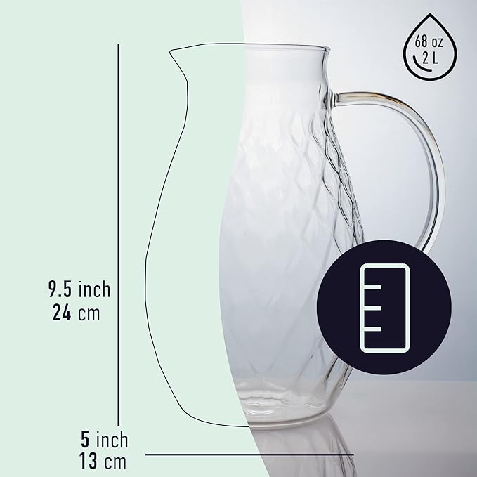 Glass Pitcher with Lid and Spout - 2 Liter / 68 oz, Borosilicate Glass w/Handle - Carafe for Hot/Cold Beverages - Water Jug - Iced Tea Pitcher - Juice Server - by PJC-Kitchen