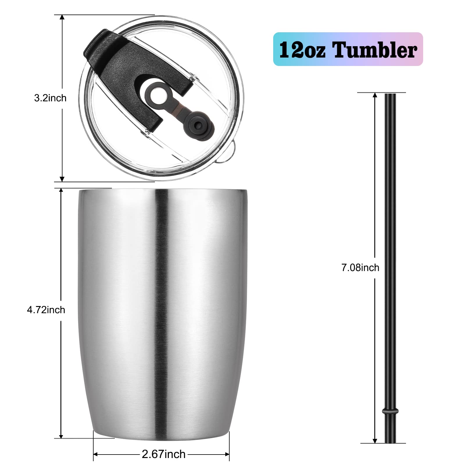 VEGOND Stainless Steel 12 oz Tumblers bulk Vacuum Insulated Double Wall Travel Tumbler with Lid and Straw Reusable Tumbler, Stainless 1 Pack