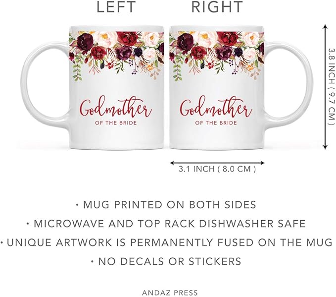 Andaz Press 11oz. Wedding Ceramic Coffee Tea Mug Gift, Fall Autumn Marsala Burgundy Flowers Roses Florals, Godmother of the Bride, 1-Pack, Includes Gift Box