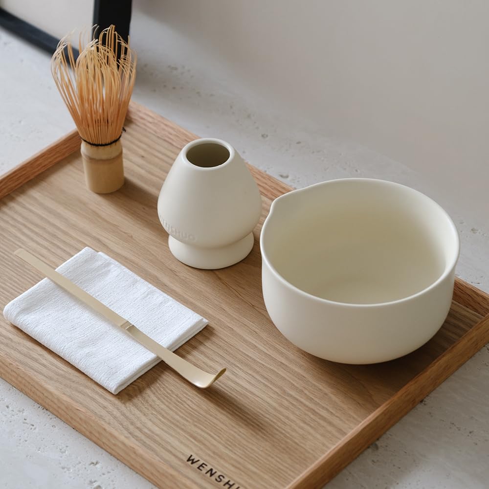 WENSHUO Matcha Whisk Set, Ceramic Matcha Bowl with Spout, Crème,6-Pc