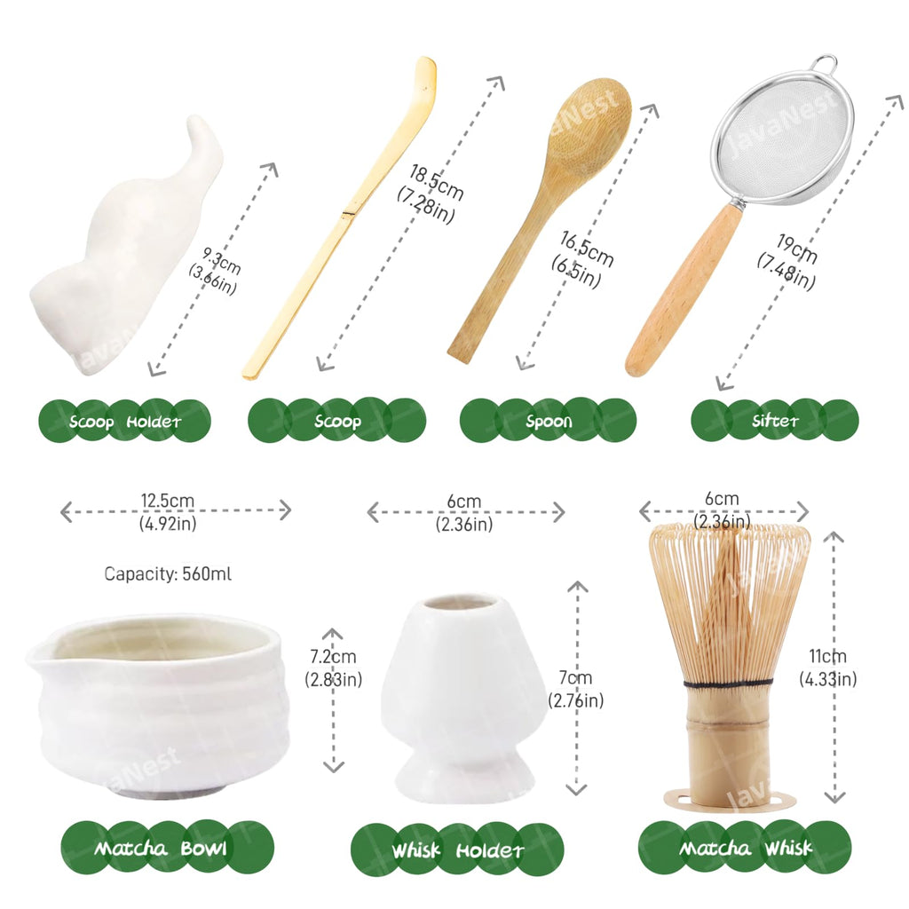 7-Piece Matcha Tea Set with Gift Card – 120-Prong Bamboo Whisk, Ceramic Bowl with Spout, Whisk Holder, Scoop, Spoon, Strainer & Scoop Holder – Ideal Gift for Matcha Lovers (White, 100-Prong)