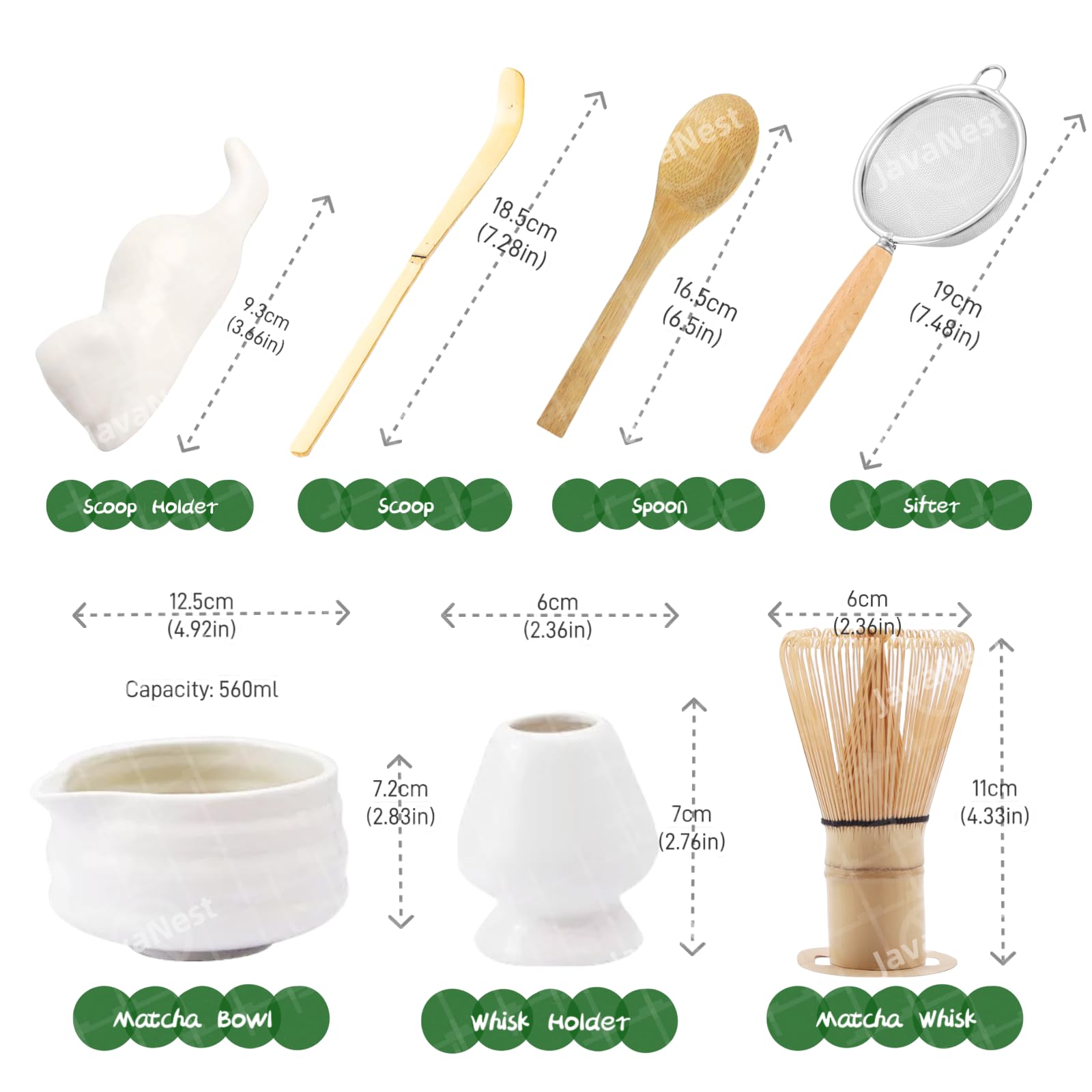7-Piece Matcha Tea Set with Gift Card – 120-Prong Bamboo Whisk, Ceramic Bowl with Spout, Whisk Holder, Scoop, Spoon, Strainer & Scoop Holder – Ideal Gift for Matcha Lovers (White, 100-Prong)