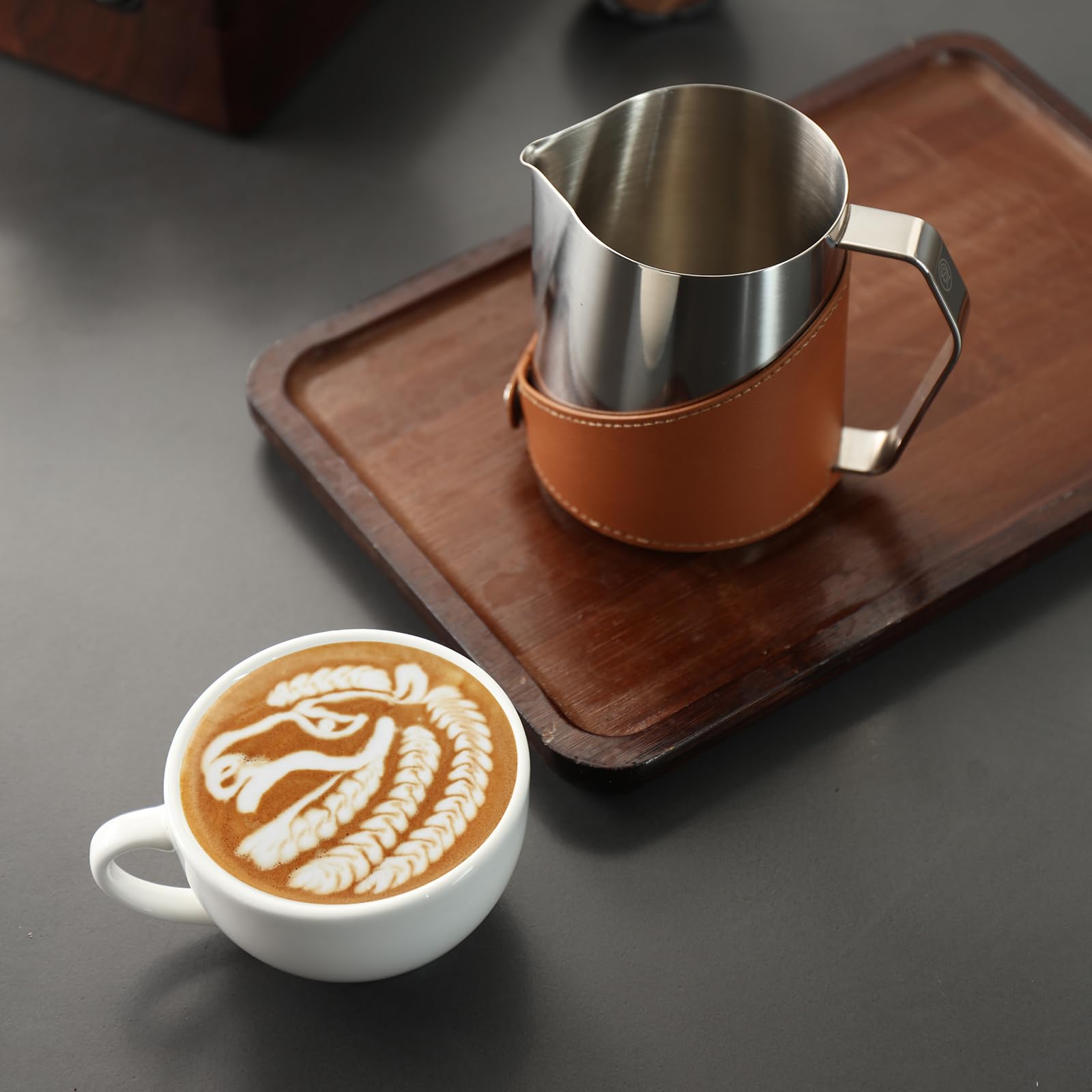 CUFEJORO Milk Frothing Pitcher 450ml/16oz 304 Stainless Steel Espresso Steaming Pitcher with PU Leather, Milk Frothing Jug,milk frother cup,Milk Jug Cup,Premium Barista Tools,Latte Art (Bright 20oz)
