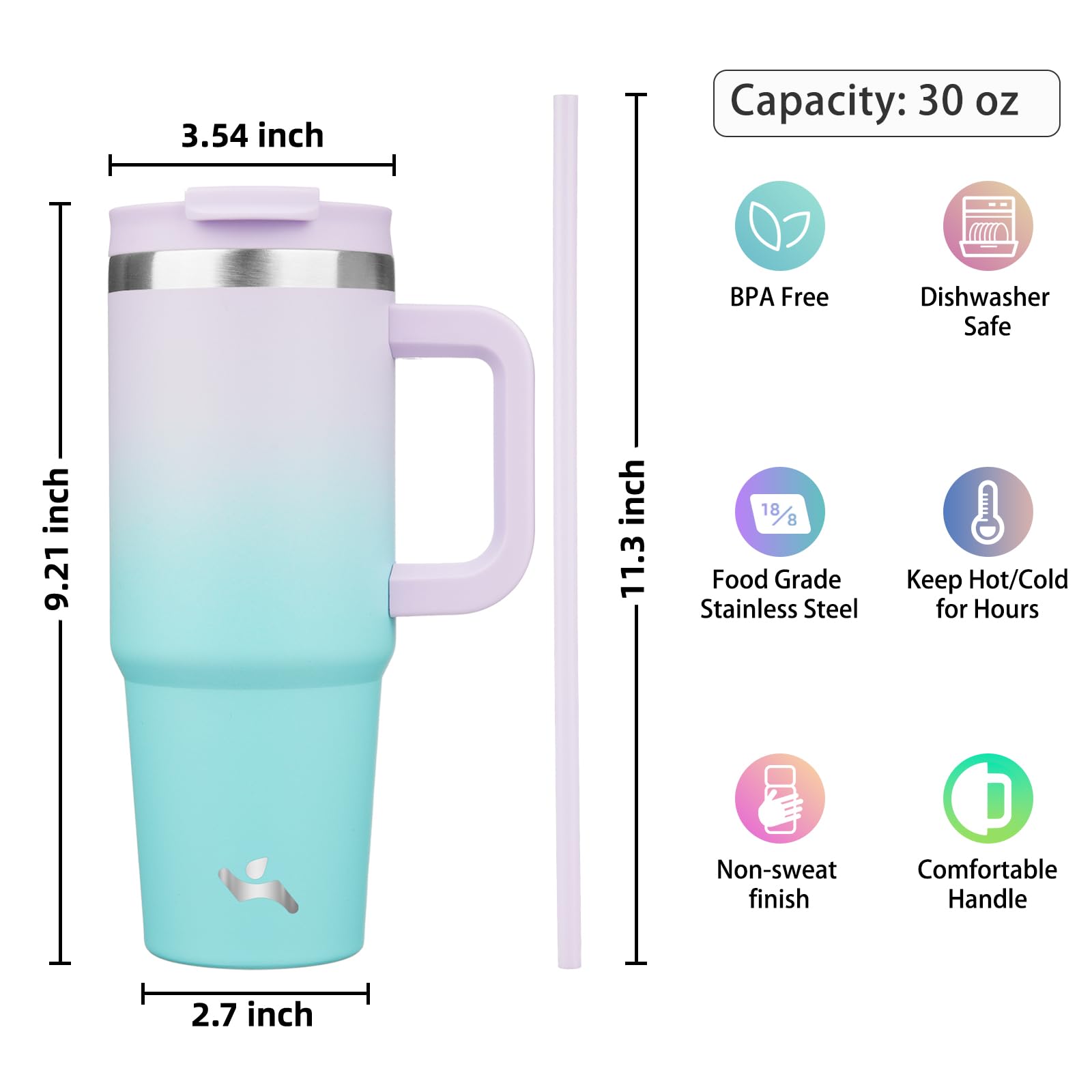 Konokyo 30 oz Insulated Tumbler Water Bottle with Handle, Straw Lid